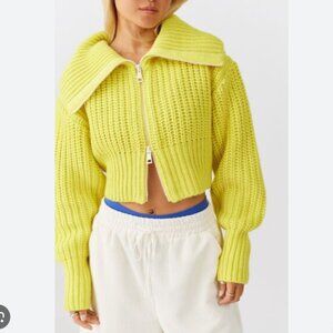 UO Amal Zip-Up Cardigan - Lemon Lime Yellow Chunky Cropped Cardi with Collar